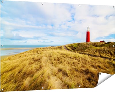 Gards Tuinposter Vuurtoren met Duinen in Texel - 150x100 cm - Tuindoek - Tuindecoratie - Wanddecoratie buiten - Tuinschilderij