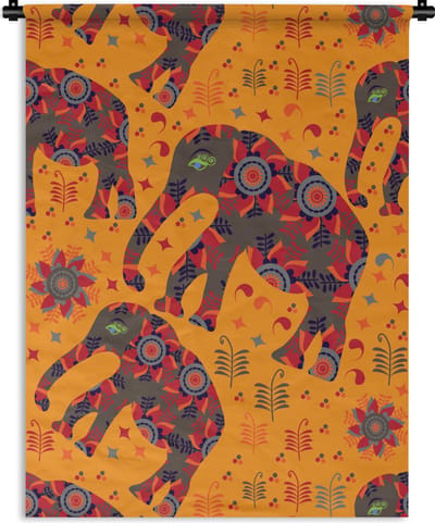 Wandkleed - Wanddoek - Olifant - Ornament - Bloemen - Patroon - 90x120 cm - Wandtapijt