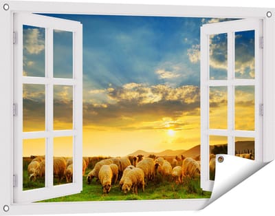 Gards Tuinposter Doorkijk Kudde Schapen op het Gras bij Zonsondergang - 90x60 cm - Tuindoek - Tuindecoratie - Wanddecoratie buiten - Tuinschilderij