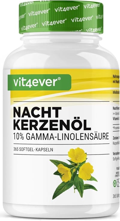 Teunisbloemolie - 365 capsules - Hooggedoseerd met 2000 mg per dagelijkse dosis - Premium: 10% gamma-linoleenzuur GLA, met natuurlijke vitamine E & koudgeperst - Vit4ever