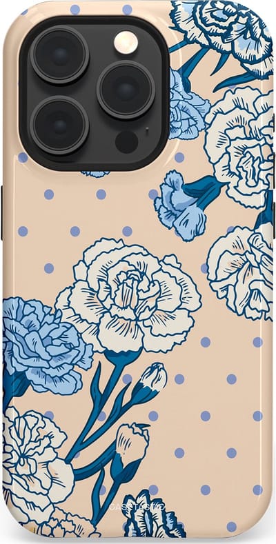 Casetastic hoesje geschikt voor Apple iPhone 15 Pro - MagSafe - Dubbellaagse bescherming - Anjer elegantie - Fashion Case - Zand Zilver Lichtblauw