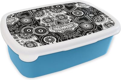 Broodtrommel Blauw - Lunchbox - Brooddoos - Tieners - Skull - Bloemen - Patronen - 18x12x6 cm - Kinderen - Jongen