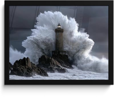 Poster in lijst - Fotolijst 40x30 cm - Posters - Golf - Vuurtoren - Schuimend water - Posterlijst zwart - Decoratie - Wanddecoratie woonkamer - Muurdecoratie slaapkamer