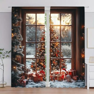 2 stuks Kerstbomen Hebben Kerst Bedrukte Gordijn voor Huisdecoratie - Tunnel voor Roede Raambekleding voor Slaapkamer, Kantoor, Keuken 52.5cmX116cm X 2pcs white