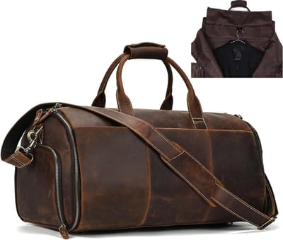 Reisbagage voor Mannen van Echt Leer, 2-in-1 Kledingtas met Schoencompartiment, Sport- en Weekendtas, Bruin Retro Ontwerp