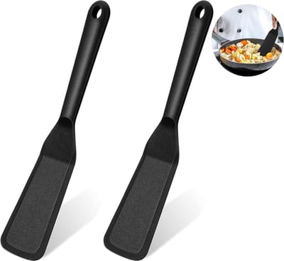 Ynkkvre - 2 Stuks Silicone Spatel Met Lange Steel, 25.5cm Hittebestendig Mini, Anti-Aanbak Kook Gereedschap, Zwart, Voor Omelet, Deeg, Vis, Pannenkoeken, Eieren, Pizza, Steak