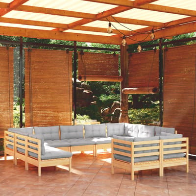 vidaXL - 11-delige - Loungeset - met - grijze - kussens - massief - grenenhout