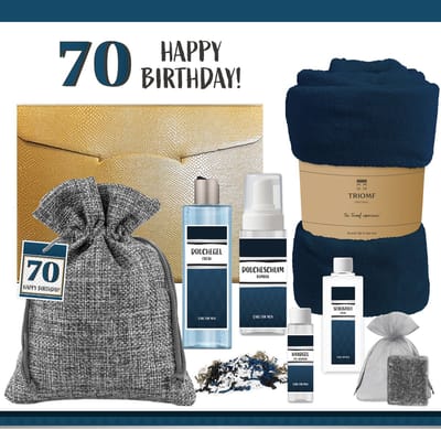 Geschenkset “70 Jaar Happy Birthday!” - 7 Producten - 1100 Gram - Triomf Cosmetica | Giftset voor hem Luxe wellness cadeaubox Cadeau man Verjaardag Veertig Gefeliciteerd Gift Seventy years Party Cadeaupakket Deluxe Vriend Verjaardagscadeau Blauw