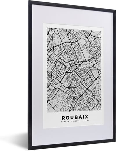 Fotolijst incl. Poster - Plattegrond - Kaart - Stadskaart - Frankrijk - Roubaix - 40x60 cm - Posterlijst