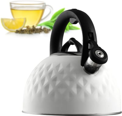 KADAX Waterketel van roestvrij staal, emaille ketel met handvat, theeketel, retro waterkoker voor alle warmtebronnen, theekoker, fluitketel, fluitketel (wit, 2,5 l)