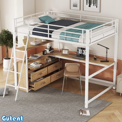 Gutent Kinderstapelbed -140x200cm-IJzeren frame bed- met L-vormig bureau-Geen matras voor Wit-Geen stoel
