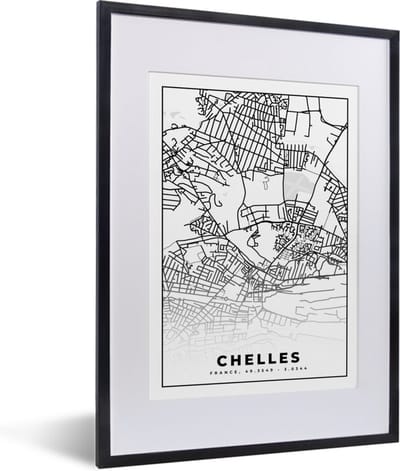 Fotolijst incl. Poster Zwart Wit- Frankrijk - Chelles - Stadskaart - Plattegrond - Kaart - Zwart wit - 30x40 cm - Posterlijst