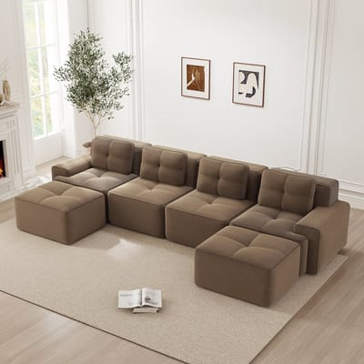 MODENUIT U-Bank 74 Cm Zitdiepte - Modulair Zonder Montage - Met Chaise Longue Voor Woonkamer - Ribstof Bruin