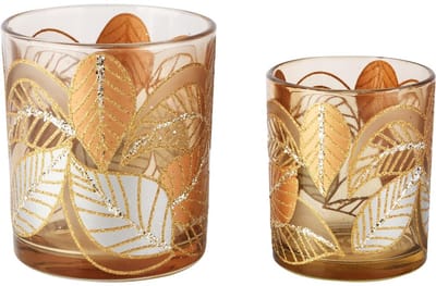 Dekoratief | Set 2 theelichthouders 'Glitter Leaves', goud, glas, 9x9x10cm | A255285