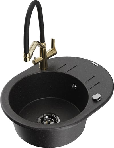 Mexen Kevin granieten gootsteen 1-komorige met keukenkraan Duo, zwart/zilver metallic - 6517-73-671701-57-B