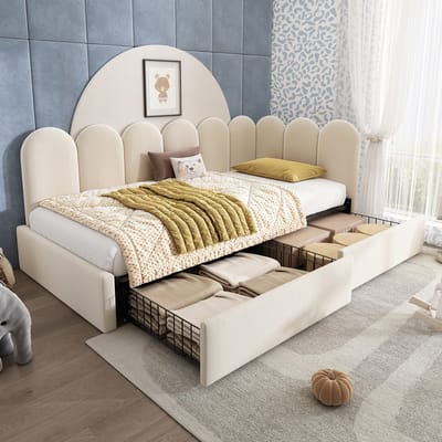 MODFU - Bedframe 90x190 cm – Met 2 uitneembare lades & omwisselbare zijpanelen – Beige fluweel