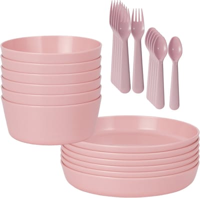 HEM 24-delig Serviesset 6 Persoons – Roze Kunststof – Picknickset – BPA-vrij & Vaatwasserbestendig – 6x Bord, 6x Kom, 6x Vork, 6x Lepel – Lichtgewicht Plastic Servies – Met HEM Opbergzak