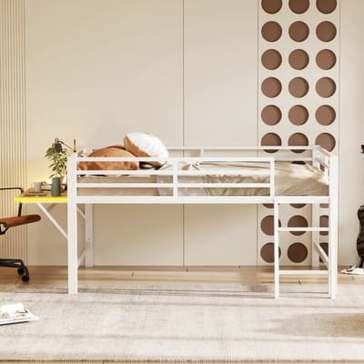 VVBV Metalen Bed 140x200 cm met Inklapbaar Bureau, LED-Verlichting, Trap en Uitvalbeveiliging - Wit