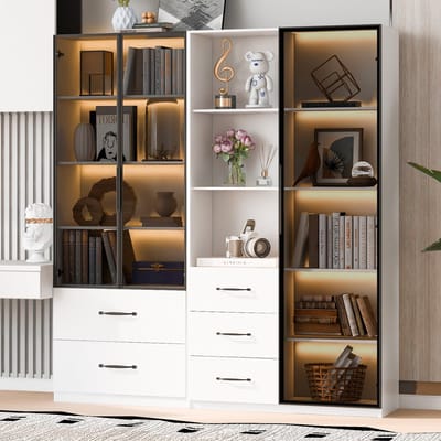 MODENUIT Vitrinekast - Met LED, Glasvakken En Lades - Voor Woonkamer En Keuken - Spaanplaat Wit - 140x40x160 Cm