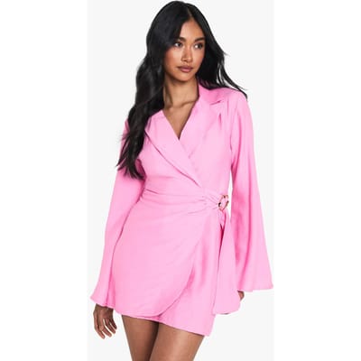 boohoo Dames Linnenlook gespelde detail, gebonden taille, getailleerde blazerjurk | Roze | Maat: 36