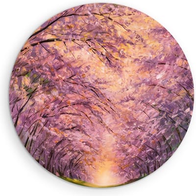 Saammp Muurcirkel Hout - Pad tussen de bomen door - Roze - Landschap - Natuur - Ø 90 - Wandcirkel - Wanddecoratie Cirkel - Muurdecoratie Woonkamer - Slaapkamer decoratie - Rond Schilderij