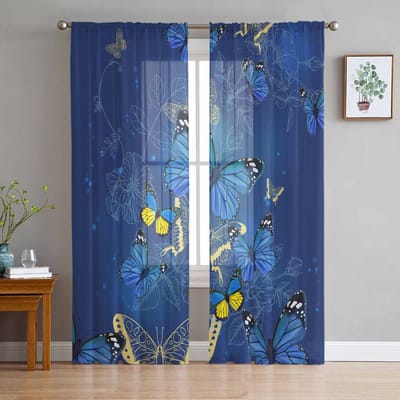 Vlinder Bloem Blauw Raam Tule Gordijnen voor Woonkamer Slaapkamer Hotel Luxe Decoratie Transparante Gordijnen 135W x 114H(cm) blue