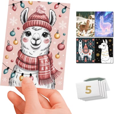 Inspra Studio – Luxe Kerstkaarten met Enveloppen – 5 Stuks – Dieren Wenskaarten Collectie – Mix van 5 Unieke Illustratiestijlen – Lama