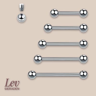 Lev Sieraden - Zilveren kleurig - Tongpiercing - Barbell - 10 mm Staafje 1.6mm Draaddikte met 5mm Balletjes - Chirurgisch Stalen - Tong Piercing - tepel