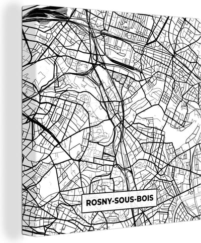 Canvas Schilderij Plattegrond - Rosny-sous-Bois - Kaart - Frankrijk - Stadskaart - Zwart wit - 20x20 cm - Wanddecoratie