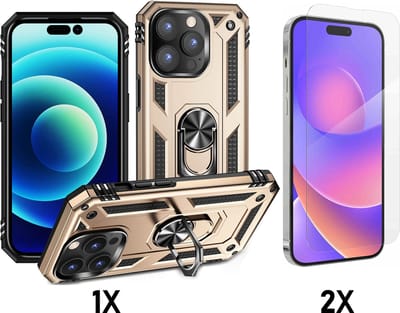 Casemania Hoesje Geschikt voor Apple iPhone 14 Pro Max - Goud / 2X Glazen Screenprotector - Anti-Shock Hybrid Armor Back Cover - Hoes met Kickstand Ring