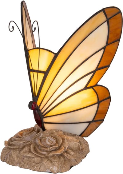 Tiffany tafellamp Vlinder - Crème-amber - H 24 cm - Glas in lood - Decoratieve figuurlamp - Warm licht | RORUVERA