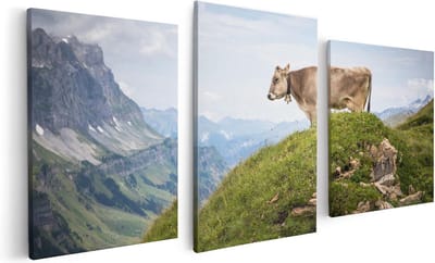 Artaza Canvas Schilderij Drieluik Koe In De Bergen - 120x60 - Foto Op Canvas - Canvas Print