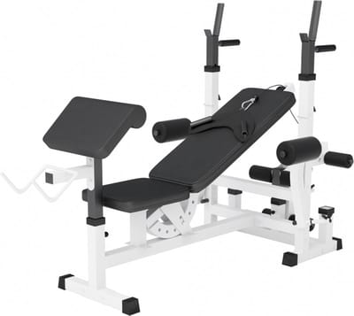 Gorilla Sports Universele Halterbank Wit - Verstelbare Fitness Bank - Homegym Bank - Dipsteunen - Haltersteunen - Butterflies - Leg Curl