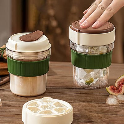 LISM-IJsblokjesbeker met deksel en vormpje, Geschikt voor het maken van ijskoude drankjes; draagbare, luchtdichte beker met beschermhoes, Geschikt voor koffie, sap en smoothies.