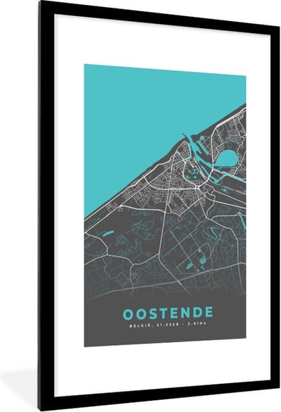 Fotolijst incl. Poster - België – Oostende – Stadskaart – Kaart – Blauw – Plattegrond - 80x120 cm - Posterlijst