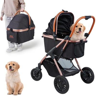 Mila Shop Luxe hondenbuggy - Hondenkar - Inklapbaar - 2-in-1 hondenwagen - Kinderwagen voor honden - Gewichtscapaciteit 30kg - Afneembare mand - Zwart/Rosé
