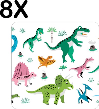 Luxe Placemat - Dino - Dinosaurus - Getekend - Vrolijk - Voor Kinderen - Set van 8 Placemats - 50x50 cm - 2 mm dik Vinyl - Anti Slip - Afneembaar
