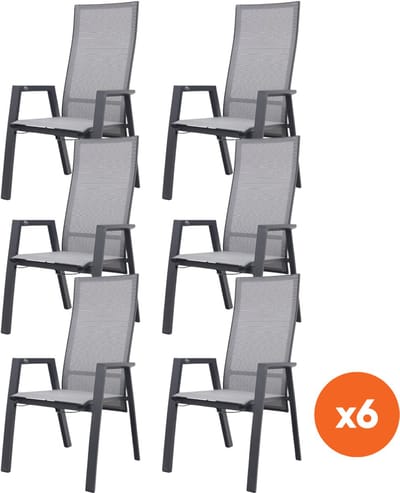 Set van 6 - Azoren verstelbare dining tuinstoelen (incl. kussen) - Antraciet