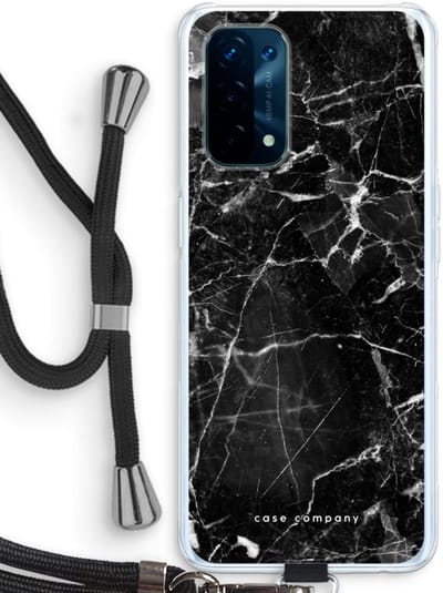 Case Company® - Hoesje met koord geschikt voor Oppo A74 5G hoesje met Koord - Zwart Marmer - Telefoonhoesje met Zwart Koord - Bescherming aan alle Kanten en Over de Schermrand