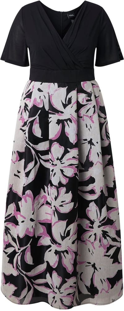 Ulla Popken - Dames - Maxi-jurk ausbrenner V-hals korte mouwen - Zwart - Maat 42+