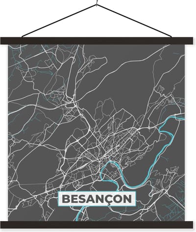 Posterhanger incl. Poster 60x60 cm - Schoolplaat - Besançon - Frankrijk - Plattegrond - Kaart - Stadskaart - Textielposter - Zwarte latten - Stadskaart