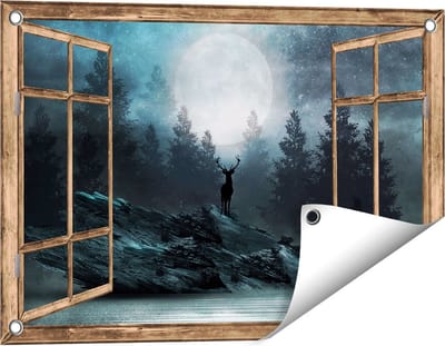 Gards Tuinposter Doorkijk Hert op een Rots tijdens Volle Maan - 60x40 cm - Tuindoek - Tuindecoratie - Wanddecoratie buiten - Tuinschilderij