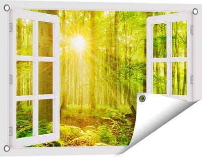 Gards Tuinposter Doorkijk Groen Bos met Schijnende Zonnestralen - 60x40 cm - Tuindoek - Tuindecoratie - Wanddecoratie buiten - Tuinschilderij