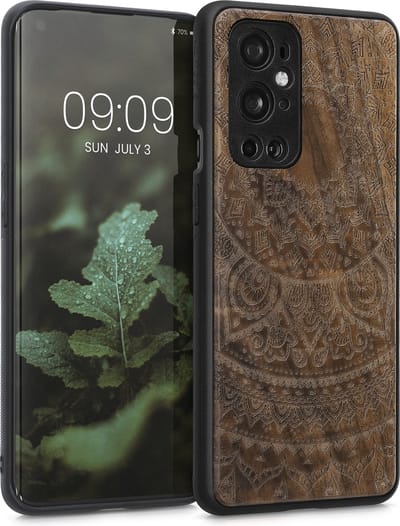 kwmobile telefoonhoesje geschikt voorOnePlus 9 Pro - Hoesje met bumper - hout - In donkerbruin Indian Sun design