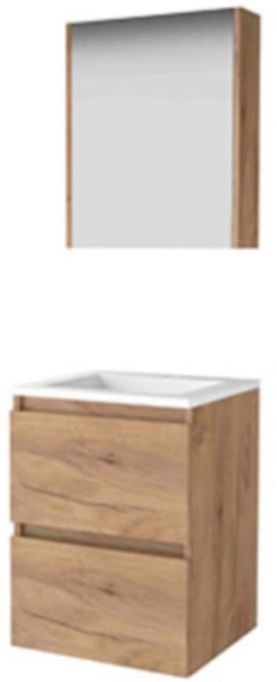 Basic-Line Comfort 46 Badkamermeubelset - 50 x 46 cm - Greeploos - 2 Lades - Acryl Wastafel - 1 Kraangat - Spiegelkast - Whisky Oak