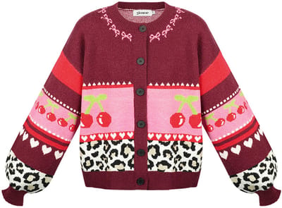 Kleurrijke Dames cardigan met Kerspatronen en Dierenprint - Rood - Maat S/M
