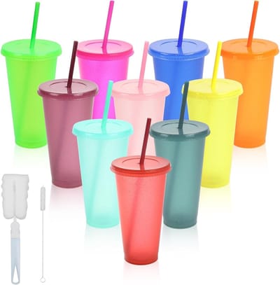 Set van 10 Herbruikbare Bekers met Deksel en Rietjes, 710ml Kleurige Plastic Drinkbekers voor Kinderen, Ideaal voor Koffie, Frisdrank en Sap
