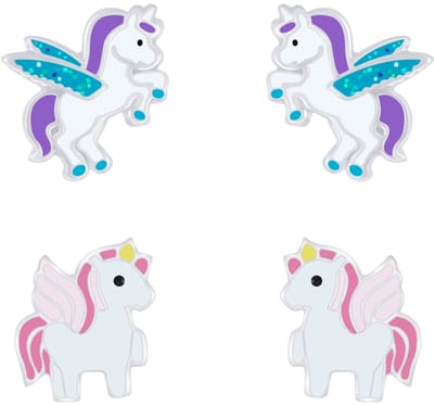 Joy|S - Zilveren eenhoorn oorbellen - set 2 paar - unicorn oorknoppen