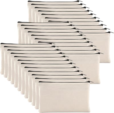 32 stuks canvas zakje met rits, 20,3 cm x 12,7 cm blanco doe-het-zelf ambachtelijke pen etui multifunctionele make-uptassen voor cosmetica, factuurrekening, reistoilet, zwarte ritsen, Blank,