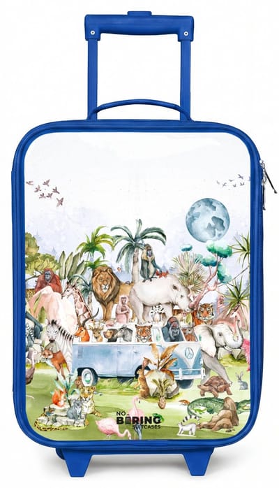 NoBoringSuitcases.com® - Kinderkoffer blauw - Kindertrolley jongen - Busje met allemaal dieren - Koffer kind lichtgewicht - Reiskoffer trolley voor kinderen - Koffertje met lichtgevende wieltjes - Rolkoffer